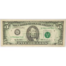 UNITED STATES OF AMERICA 1995 . FIVE 5 DOLLARS BANKNOTE . ERROR . FULL WET INK TRANSFER